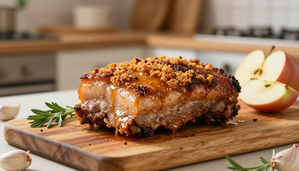 A beautifully roasted "boczek pieczony" displayed on a rustic wooden cutting board. The succulent pork belly glistens with a golden-brown glaze, highlighting the crispy crackling on top. Surround the main dish with fresh herbs, garlic cloves, and sliced apples for a touch of color. In the background, a cozy kitchen setting features soft, warm lighting that evokes a homey atmosphere. A subtle bokeh effect creates a sense of depth, focusing on the boczek while placing the kitchen tools and ingredients out of focus but still recognizable. The composition should feel inviting and appetizing, with a slight warmth in color tones to enhance the savory essence of the dish.