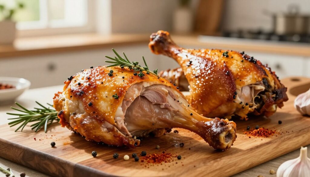 A beautifully roasted chicken drumstick, displaying a golden-brown, crispy skin with a glistening sheen. The foreground showcases the succulent meat, cut open to reveal its juicy interior, garnished with fresh herbs such as rosemary and thyme. In the middle, arrange several drumsticks on a rustic wooden platter, surrounded by a scattering of aromatic spices like paprika, garlic, and black pepper. In the background, softly blurred, a warm, inviting kitchen scene is visible, with natural sunlight pouring in through a window, enhancing the warm, cozy atmosphere. The image should evoke a sense of homeliness and appetizing warmth, with emphasis on the textures and details of the chicken, making it an enticing visual representation of delicious, well-seasoned roasted chicken.
