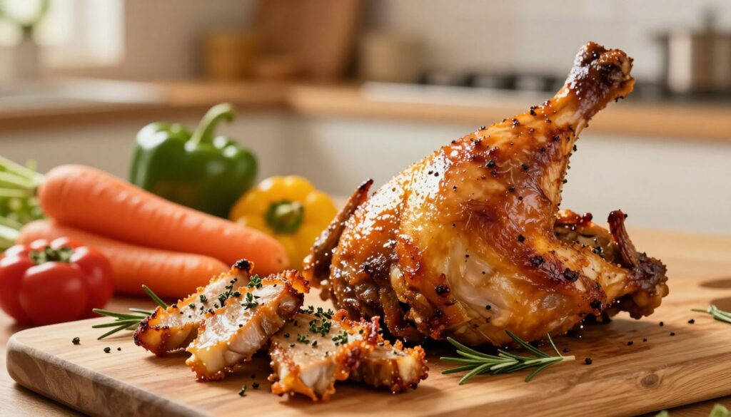 A beautifully roasted chicken leg quarter, glistening with a golden-brown skin, is the centerpiece of the image. The foreground features the succulent udka, with crispy edges and herbs like rosemary and thyme sprinkled on top for added visual appeal. In the middle, a wooden cutting board is adorned with colorful, seasonal vegetables such as vibrant carrots and bell peppers, adding freshness and contrast to the scene. The background is softly blurred, showcasing a warm, inviting kitchen setting, with soft, golden ambient light that enhances the cozy atmosphere. The composition is shot from a slightly elevated angle, with a lens focus on the chicken and vegetables, conveying a sense of homely warmth and culinary delight. The overall mood is appetizing and inviting, perfect for illustrating the art of cooking juicy chicken legs.