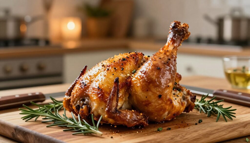 A beautifully roasted chicken leg quarter, golden brown and perfectly crisped, is the main subject in the foreground. The skin glistens with a light glaze, showcasing savory herbs and spices. Surrounding the chicken, there are vibrant garnishes such as fresh rosemary and thyme, adding color and a rustic touch. In the middle ground, a wooden cutting board is visible, with a sharp knife resting beside the chicken, suggesting readiness for carving. The background features a softly blurred kitchen setting, with warm ambient lighting that creates a cozy, inviting atmosphere, making viewers crave delicious home-cooked meals. The image is captured with a shallow depth of field, emphasizing the chicken while bokeh effects add softness to the background, creating a mood of warmth and culinary delight.