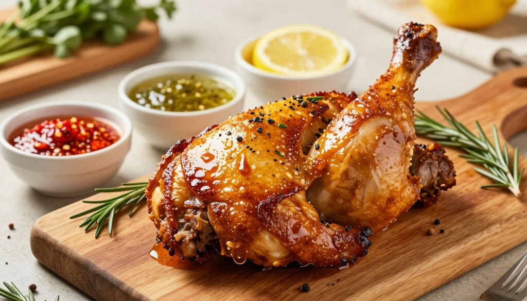 A beautifully roasted chicken leg quarter, showcasing its golden-brown crispy skin and juicy meat, garnished with fresh herbs and spices. In the foreground, the focus is on the succulent udka, glazed with a rich marinade that glistens under bright kitchen lighting. The middle ground features a rustic wooden board adorned with various bowls of colorful marinades—spicy chili, tangy lemon, and aromatic rosemary—inviting viewers to explore different flavor variations. The background presents a softly blurred, warm kitchen setting, with hints of kitchen utensils and herbs, creating a cozy atmosphere. The image conveys mouth-watering allure, emphasizing the delicious, inviting aspect of roasted chicken, captured from a top-down angle for an engaging view.
