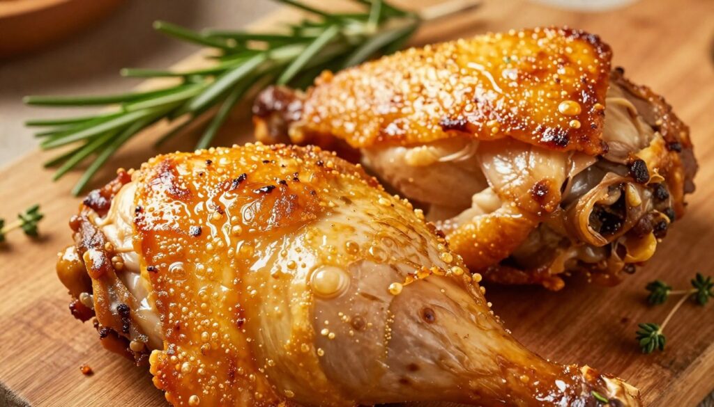 A beautifully roasted chicken thigh with perfectly crisp skin, showcasing a rich golden-brown color and a glossy sheen. The foreground features a close-up of the crispy skin, highlighting its texture with visible bubbling and irregularities that promise crunchiness. In the middle ground, the succulent meat peeks through, tender and juicy, emphasizing the contrast with the skin. In the background, a rustic wooden cutting board is adorned with fresh herbs like rosemary and thyme, adding a pop of vibrant green. Soft, warm lighting creates a cozy, inviting atmosphere, enhancing the golden hues of the chicken. The scene is shot from a slightly elevated angle, emphasizing both the crunch of the skin and the juiciness of the meat, providing an enticing look that makes the viewer crave a delicious meal. A beautifully roasted chicken thigh with perfectly crisp skin, showcasing a rich golden-brown color and a glossy sheen. The foreground features a close-up of the crispy skin, highlighting its texture with visible bubbling and irregularities that promise crunchiness. In the middle ground, the succulent meat peeks through, tender and juicy, emphasizing the contrast with the skin. In the background, a rustic wooden cutting board is adorned with fresh herbs like rosemary and thyme, adding a pop of vibrant green. Soft, warm lighting creates a cozy, inviting atmosphere, enhancing the golden hues of the chicken. The scene is shot from a slightly elevated angle, emphasizing both the crunch of the skin and the juiciness of the meat, providing an enticing look that makes the viewer crave a delicious meal.