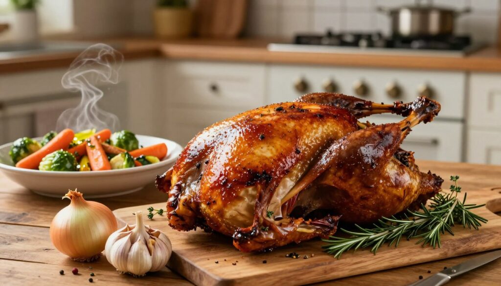 A beautifully roasted duck, glistening with a golden-brown, crispy skin, takes center stage on a rustic wooden table. The duck is garnished with fresh herbs like rosemary and thyme, with aromatic spices scattered alongside it. In the foreground, a charming onion and garlic confit adds color and texture, while the middle ground features a steaming, colorful side dish of roasted vegetables like carrots and Brussels sprouts drizzled with olive oil. The background reveals an inviting, softly lit kitchen setting, with vintage utensils and an oven in warm browns and soft whites, giving a homely, comforting atmosphere. The lighting should be warm and natural, highlighting the textures of the duck and vegetables, shot from a slightly elevated angle to capture the entire spread.