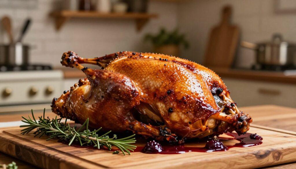 A beautifully roasted duck, glistening with a perfectly crispy golden skin, is the centerpiece of the image. The duck is elegantly displayed on a rustic wooden cutting board, surrounded by fresh herbs like rosemary and thyme, and a rich, thick plum sauce drizzled artfully beside it. In the background, a softly blurred kitchen setting reveals classic cooking tools and warm, inviting wooden shelves, adding a touch of homeliness. The lighting is warm and inviting, with a soft glow that highlights the textures of the duck’s skin and the glossy finish of the sauce. The lens captures the scene from a slightly elevated angle, focusing on the intricate details of the dish, evoking a sense of gourmet elegance and culinary mastery.