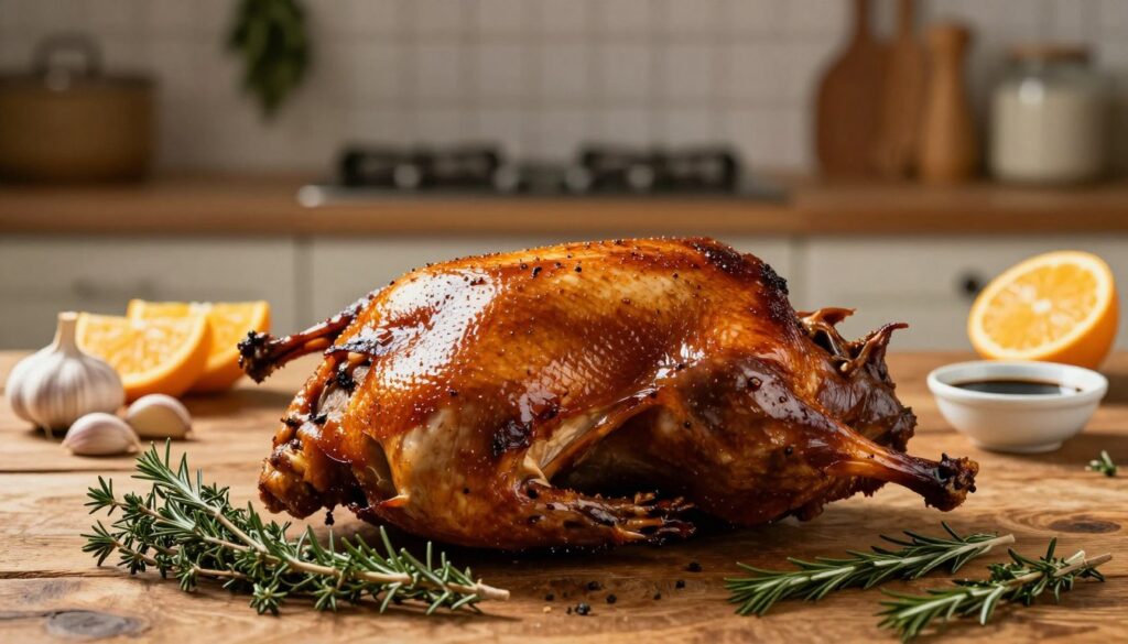 A beautifully roasted duck, glistening with a rich, golden-brown skin, is the focal point of the composition, placed on a rustic wooden table. In the foreground, fresh herbs such as thyme and rosemary are artfully arranged, hinting at the flavors of the marinade. The middle ground features a selection of classic marinading ingredients, like garlic cloves, citrus slices, and a small bowl of dark soy sauce, all carefully placed to create an inviting culinary scene. In the background, a softly blurred kitchen setting with hanging herbs and wooden utensils adds warmth and authenticity to the atmosphere. The lighting is warm and inviting, reminiscent of a cozy kitchen, casting gentle shadows that enhance the textures. The overall mood is one of culinary elegance, perfect for showcasing the art of marinating duck.