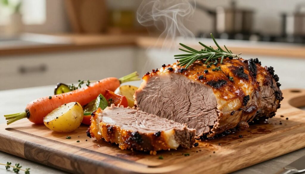 A beautifully roasted "karkówka pieczona" presented on a rustic wooden cutting board, glistening with a crispy golden-brown crust and garnished with fresh herbs like rosemary and thyme. The foreground showcases the succulent meat, sliced to reveal its tender, juicy interior. In the middle, a side of roasted seasonal vegetables—carrots, potatoes, and bell peppers—adds color and contrast, with steam rising from them, indicating warmth. The background features a softly blurred kitchen setting, with warm, natural lighting that emanates a cozy atmosphere. The composition should be captured with a shallow depth of field, focusing on the meat and vegetables, while hinting at kitchen utensils and cooking aromas in the ambiance. The overall mood is inviting and appetizing, perfect for showcasing a delectable dish. A beautifully roasted "karkówka pieczona" presented on a rustic wooden cutting board, glistening with a crispy golden-brown crust and garnished with fresh herbs like rosemary and thyme. The foreground showcases the succulent meat, sliced to reveal its tender, juicy interior. In the middle, a side of roasted seasonal vegetables—carrots, potatoes, and bell peppers—adds color and contrast, with steam rising from them, indicating warmth. The background features a softly blurred kitchen setting, with warm, natural lighting that emanates a cozy atmosphere. The composition should be captured with a shallow depth of field, focusing on the meat and vegetables, while hinting at kitchen utensils and cooking aromas in the ambiance. The overall mood is inviting and appetizing, perfect for showcasing a delectable dish.