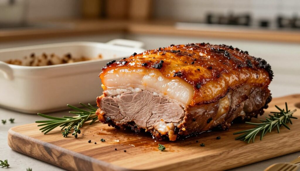 A beautifully roasted piece of "piec boczek," showcasing a perfectly crisp exterior with a golden-brown glaze, revealing tender, juicy meat inside. The foreground features the succulent pork belly resting on a wooden cutting board, garnished with fresh herbs such as rosemary and thyme. In the middle ground, a well-used ceramic roasting dish sits beside the cutting board, hinting at the process of cooking. The background includes a softly blurred kitchen setting with warm, ambient lighting, creating a cozy atmosphere. The image is shot from a slight angle, emphasizing the texture of the crispy skin while maintaining a focus on the mouthwatering details of the meat. No text or watermarks present, just a delicious portrayal of culinary artistry.