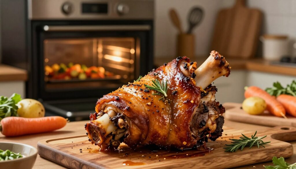 A beautifully roasted pork knuckle, golden brown and glistening, sits prominently in the foreground of a cozy kitchen setting. The meat is perfectly caramelized, revealing crispy skin with herbs and spices glistening, showcasing rich flavors. Surrounding the knuckle are rustic elements like fresh vegetables—potatoes, carrots, and herbs simmering nearby, enhancing the warm atmosphere. In the middle ground, an oven is slightly ajar, with soft ambient lighting illuminating the dish, casting warm shadows that create depth. The background is softly blurred, focusing on kitchen utensils and a wooden cutting board, further conveying a homely vibe. The mood is inviting and comforting, capturing the essence of traditional cooking.