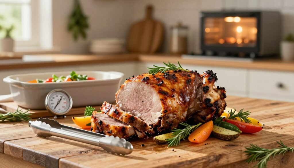A beautifully roasted pork loin, succulent and golden brown, sits on a rustic wooden table, garnished with fresh herbs and vibrant vegetables. The foreground features a pair of shiny kitchen tongs placed beside the roast, ready to serve. In the middle ground, a ceramic roasting dish and a thermometer peer out, showcasing the perfect internal cooking temperature for juicy meat. The background is softly blurred, including a warm kitchen ambiance with glowing oven light and herbs hanging from the walls. Natural sunlight filters in, casting a gentle glow that enhances the rich textures of the pork. The overall mood is inviting and homey, evoking a sense of culinary warmth and comfort.
