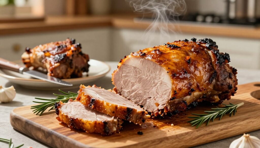 A beautifully roasted pork neck, glistening with a rich, golden-brown crust, showcases tender and juicy meat. The foreground features a rustic wooden cutting board displaying thick, succulent slices of the pork, garnished with fresh rosemary and garlic. In the middle ground, a plate holds the crispy roast, slightly smoking, with a fork and knife elegantly placed beside it. The background offers a warm, inviting kitchen setting with soft ambient lighting illuminating the scene, enhancing the appetizing textures of the dish. A hint of steam rises, creating a cozy atmosphere that celebrates alternative cooking methods without foil. The image should evoke a sense of delicious home cooking, enticing the viewer’s taste buds.
