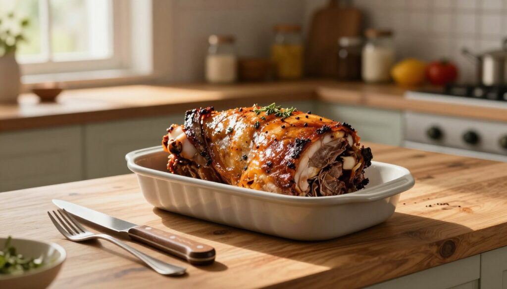 A beautifully roasted pork neck in a baking sleeve, placed on a wooden kitchen countertop. The pork is glistening, showing off its rich, golden-brown crust, with hints of fresh herbs and spices visible. In the foreground, there are kitchen utensils like a carving knife and a fork, suggesting preparation. The middle ground features a rustic kitchen setting with a warm, inviting light filtering through a nearby window, casting soft shadows. In the background, shelves lined with jars of spices and fresh ingredients enhance the home-cooked atmosphere. The overall mood is cozy and appetizing, evoking the anticipation of a delicious meal. The scene is captured from a slightly elevated angle to provide a dynamic view without distractions.