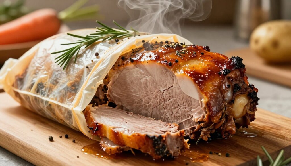 A beautifully roasted pork neck in an oven bag, glistening with a rich, golden-brown crust. The foreground features succulent slices of meat, with juicy, tender texture and steam rising gently to emphasize freshness. The middle section shows the oven bag partially opened, revealing aromatic herbs and spices like rosemary and garlic. Soft, warm light filters through the bag, creating a cozy and inviting atmosphere. In the background, a rustic kitchen setting with wooden countertops and hints of fresh vegetables, like carrots and potatoes, adds warmth. The image captures the essence of a home-cooked meal, focusing on the deliciousness and juiciness of the roasted pork neck, without any text or distractions.
