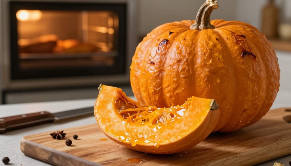 A beautifully roasted pumpkin in a rustic kitchen setting, showcasing its vibrant orange color and soft, caramelized texture. In the foreground, a perfectly sliced piece of pumpkin reveals its tender, creamy interior, glistening slightly with light. In the middle ground, a wooden cutting board with a knife and scattered spices conveys an inviting atmosphere. The background features a warm oven with gentle lighting emanating from it, enhancing the cozy vibe of cooking. The image captures the essence of perfect roasting temperature, inviting the viewer to visualize the delicious flavor and aroma. Soft, natural lighting highlights the pumpkin's curves, with a shallow depth of field that gently blurs the background, focusing attention on the vibrant pumpkin. The overall mood is warm and inviting, perfect for culinary inspiration.