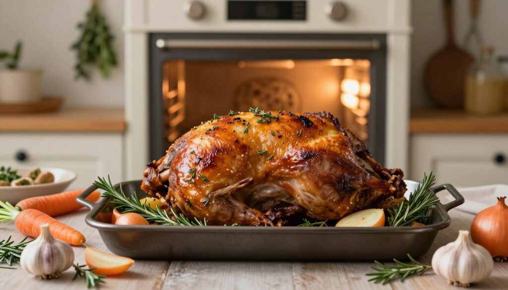 A beautifully roasted rabbit in a rustic oven, its golden-brown skin glistening with herbs and spices. The table is adorned with rosemary, thyme, and garlic, enhancing the visual appeal. In the foreground, a close-up view highlights the succulent meat, surrounded by fresh vegetables like carrots and onions lay elegantly. The middle section features the oven with its warm, inviting light illuminating the dish, creating a cozy atmosphere. In the background, soft-focus kitchen elements, like hanging herbs and vintage cooking tools, add to the homey feeling. Warm, natural lighting casts gentle shadows, emphasizing the textures and colors of the food. Overall, the image evokes a sense of comfort and the joy of home-cooked meals.