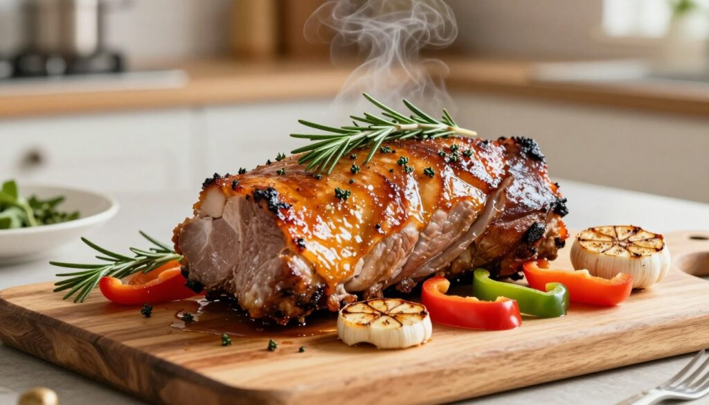A beautifully roasted schab, or pork loin, rests on a rustic wooden cutting board, its surface glistening with a golden-brown glaze. The meat is garnished with fresh herbs like rosemary and thyme, alongside slices of roasted garlic and colorful bell peppers, showcasing the vibrant marination process. In the background, a softly lit kitchen setting creates a warm and inviting atmosphere. A hint of steam wafts gently from the pork, suggesting tenderness and flavor. The lighting is warm and natural, reminiscent of a family gathering, captured from a slightly elevated angle to highlight the delicious dish. The focus is on the schab, with a soft bokeh effect enveloping the background to evoke a cozy, home-cooked meal feel.