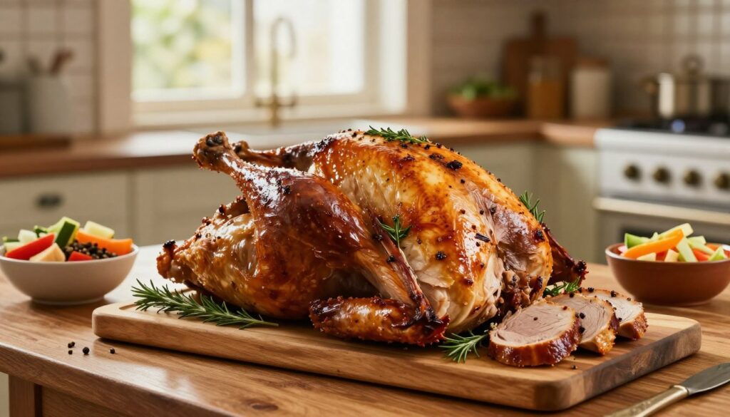 A beautifully roasted turkey garnished with fresh herbs, resting on an elegantly set wooden table. The turkey is golden brown, with crispy skin and succulent meat, showcasing perfectly carved slices on a cutting board beside it. In the background, a soft, warm light filters through a rustic kitchen window, enhancing the inviting atmosphere. A few bowls filled with colorful vegetables and spices, symbolizing the marinade ingredients, are artistically arranged on the table. The scene conveys a sense of warmth and comfort, inviting viewers to appreciate the art of marinating and roasting turkey for a special occasion. The focus should be sharp on the turkey, with a shallow depth of field blurring the background slightly for emphasis.
