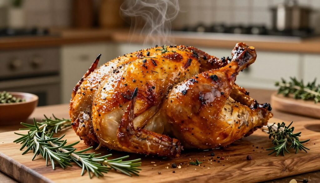 A beautifully roasted whole chicken on a rustic wooden table, expertly seasoned with aromatic herbs and spices, glistening with a crispy golden skin, showcasing the perfect char from a vertical spit. In the foreground, fresh sprigs of rosemary and thyme are artfully scattered, enhancing the appetizing visual. The background features a warm, inviting kitchen with subtle, soft lighting that highlights the texture of the chicken and evokes a cozy atmosphere. The shot is taken from a slightly elevated angle, capturing the dish's details and the surrounding ingredients, inviting viewers to imagine the savory aroma wafting through the air, emphasizing the culinary technique for achieving a crisp skin.