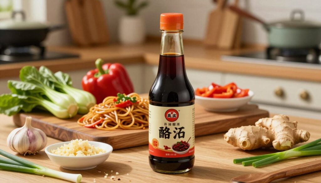 A beautifully styled bottle of hoisin sauce sits prominently in the foreground, surrounded by an assortment of traditional Chinese ingredients such as a small bowl of crushed garlic, fresh ginger, and a scattering of sliced scallions. The middle ground features a wooden cutting board adorned with vibrant vegetables like bok choy, red bell peppers, and stir-fried noodles, all reflecting the rich colors and textures of Asian cuisine. In the background, a softly blurred kitchen setting showcases traditional Asian cookware and utensils, bathed in warm, inviting light. The atmosphere exudes a cozy, homely feel, inviting viewers to explore the flavors of Chinese cooking, with a focus on the essential hoisin sauce that enhances dishes, creating a harmonious culinary experience. The scene is captured from a slightly elevated angle, adding depth and inviting the viewer into the kitchen.