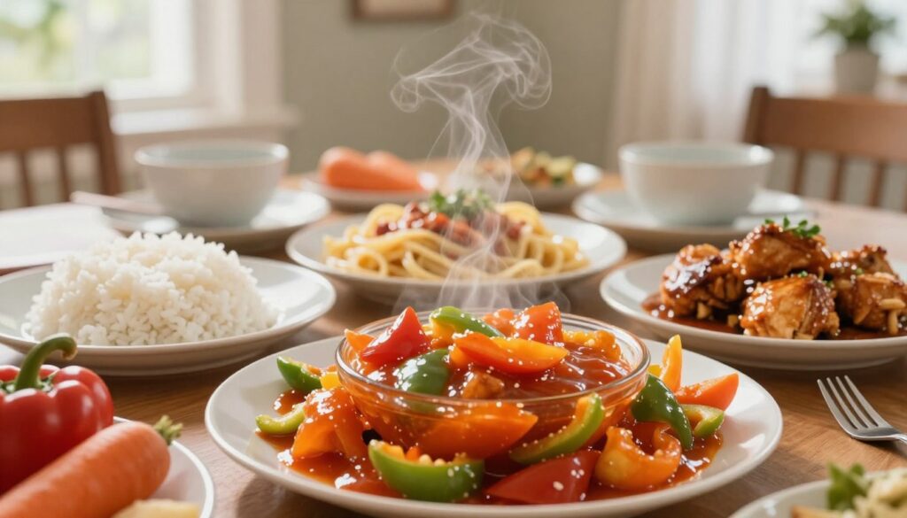 A beautifully styled dining table featuring a vibrant array of dishes showcasing sweet and sour sauce. In the foreground, a glossy bowl of sweet and sour sauce is central, surrounded by colorful fresh vegetables like bell peppers and carrots. The middle layer includes plates of steaming white rice, perfectly cooked pasta, and golden-brown chicken pieces, all drizzled with the rich sauce. In the background, an elegantly set table with tasteful dinnerware and soft-focus lights that create a warm, inviting atmosphere. The scene is illuminated by soft, natural light filtering through a nearby window, enhancing the appetizing colors of the food. The composition captures a feeling of homely comfort and culinary delight, perfect for a meal with family or friends.