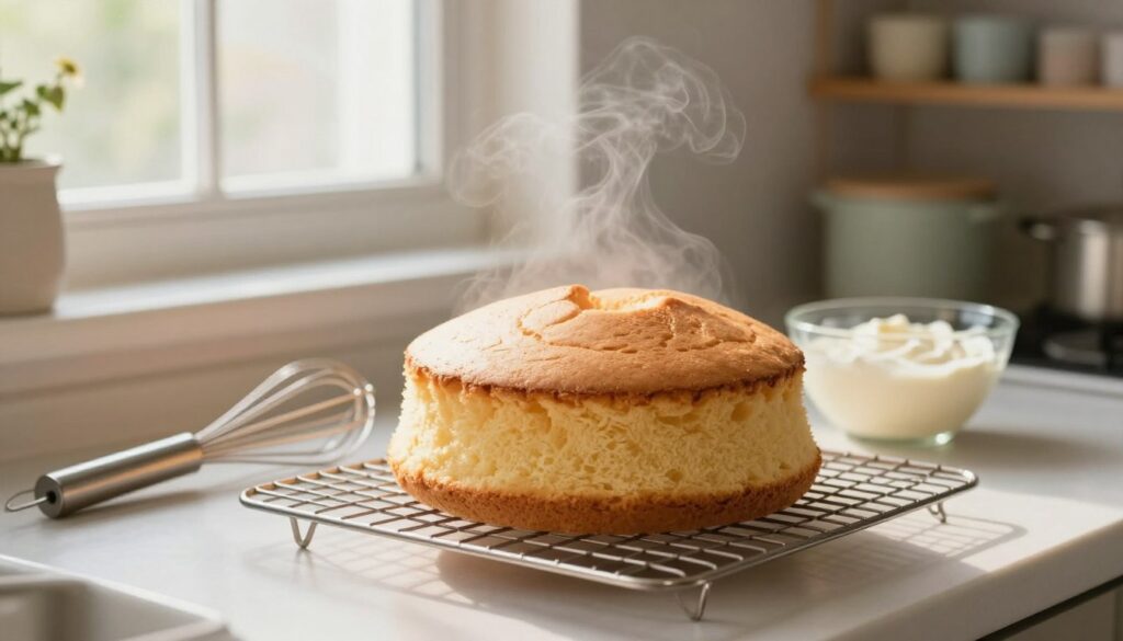 A beautifully styled kitchen scene featuring a freshly baked sponge cake cooling on a wire rack. In the foreground, the focus is on the golden-brown cake, still fluffy and slightly domed, with faint steam rising from it, indicating it's freshly out of the oven. Nearby, a traditional hand whisk and a bowl of cream sit invitingly on the countertop. In the middle ground, a window allows soft, natural light to illuminate the scene, creating a warm and inviting atmosphere. The background reveals subtle kitchen details like pastel-colored containers and an organized baking shelf, adding to the homey feel. The overall mood is serene and comforting, reflecting the joy of baking with an emphasis on successful cooling techniques.