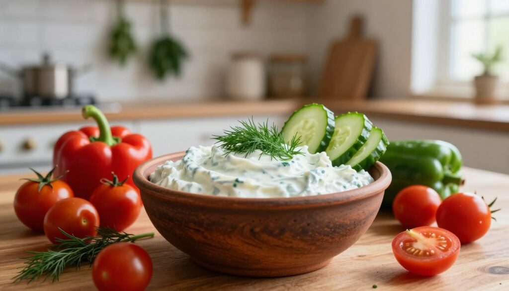 A beautifully styled serving of sos tzatziki in a rustic bowl placed on a wooden table. The tzatziki is creamy and smooth, garnished with a sprinkle of fresh dill and thin slices of cucumber on top. In the foreground, there are fresh vegetables like cherry tomatoes and bell peppers, arranged artistically around the bowl, highlighting the freshness of the ingredients. In the middle, there’s a background of a subtle Mediterranean kitchen setting, with herbs hanging on the walls and a hint of sunlight filtering through a window, creating a warm and inviting atmosphere. The focus is sharp on the tzatziki, with a soft bokeh effect on the background, conveying a sense of home-cooked warmth and tradition.