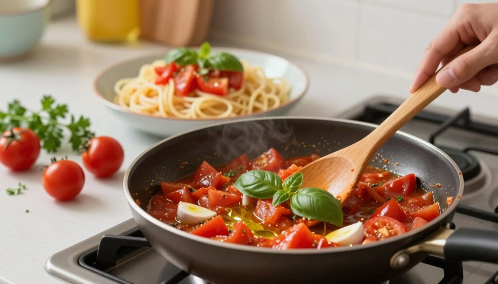 A bright and inviting kitchen setting, featuring a sauté pan on a stovetop, where a rich and vibrant pasta sauce is being prepared. The pan is filled with diced tomatoes, garlic, fresh basil, and a splash of olive oil, all simmering to perfection. In the foreground, a wooden spoon is stirring the sauce, while a few fresh ingredients like parsley and whole tomatoes are artistically scattered nearby. The middle ground showcases a neatly arranged bowl of cooked pasta waiting to be combined with the sauce. Soft, warm lighting bathes the scene, creating a cozy atmosphere, with a slight tilt perspective to emphasize the sizzling action in the pan. In the background, a polished countertop and a hint of colorful kitchenware suggest a homey culinary space. A bright and inviting kitchen setting, featuring a sauté pan on a stovetop, where a rich and vibrant pasta sauce is being prepared. The pan is filled with diced tomatoes, garlic, fresh basil, and a splash of olive oil, all simmering to perfection. In the foreground, a wooden spoon is stirring the sauce, while a few fresh ingredients like parsley and whole tomatoes are artistically scattered nearby. The middle ground showcases a neatly arranged bowl of cooked pasta waiting to be combined with the sauce. Soft, warm lighting bathes the scene, creating a cozy atmosphere, with a slight tilt perspective to emphasize the sizzling action in the pan. In the background, a polished countertop and a hint of colorful kitchenware suggest a homey culinary space.