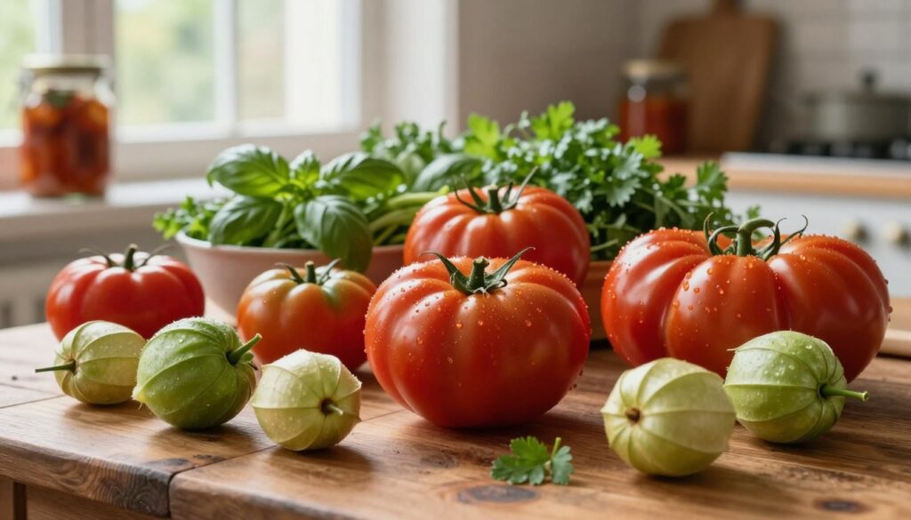A captivating arrangement of ripe, red pomidory (tomatoes) on a rustic wooden table, emphasizing their glistening skin and vibrant colors. In the foreground, a variety of tomatillos showcase their unique greenish hue, adding contrast. The middle ground features a bowl overflowing with assorted herbs, such as basil and parsley, complementing the tomatoes' freshness. In the background, soft natural light filters through a nearby window, casting a warm glow over the scene. A blurred background hints at a cozy kitchen setting adorned with preserving jars and utensils, creating an inviting atmosphere. The overall mood is one of homely warmth and culinary excitement, evoking the essence of preparing seasonal vegetables for winter preserves.