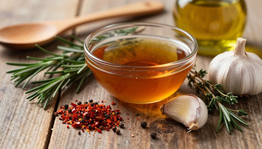 A close-up composition of an array of ingredients for a rib marinade. The foreground features vibrant spices including paprika, garlic cloves, and fresh herbs like rosemary and thyme, artfully arranged on a rustic wooden surface. In the middle, a small glass bowl filled with a tangy marinade showcasing a thick, amber liquid, glistening with reflections from the soft light above. The background subtly hints at cooking utensils, perhaps a wooden spoon and a bottle of olive oil, blurring slightly to keep the focus on the ingredients. The lighting should be warm and inviting, casting gentle shadows, creating a cozy atmosphere that highlights the flavors of the marinade. The overall mood is appetizing and culinary-focused.