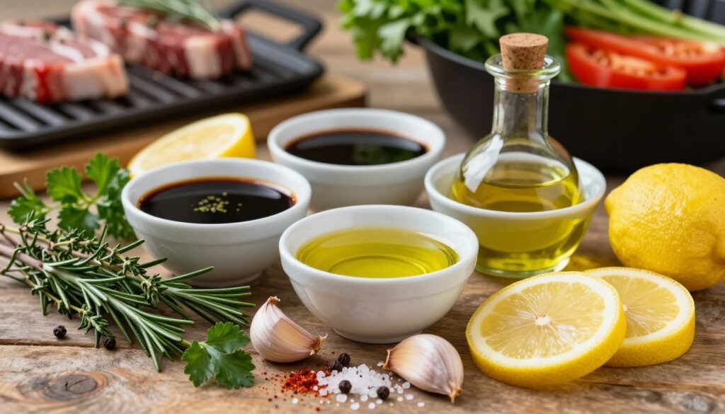 A close-up composition of key marinade ingredients arranged on a rustic wooden table. In the foreground, vibrant herbs such as fresh rosemary, thyme, and parsley are interspersed with crushed garlic cloves and slices of zesty lemon. The middle layer showcases bowls of various marinades, like rich soy sauce, tangy balsamic vinegar, and spicy olive oil, with spices sprinkled around including peppercorns, paprika, and sea salt. In the background, a gentle blur of a grill and fresh vegetables illustrates grilling preparation. The lighting is warm and inviting, reminiscent of a summer evening, casting soft shadows and enhancing the natural colors of the ingredients. The overall atmosphere is cheerful and appetizing, celebrating the art of marinating delicious meats, fish, and vegetables.