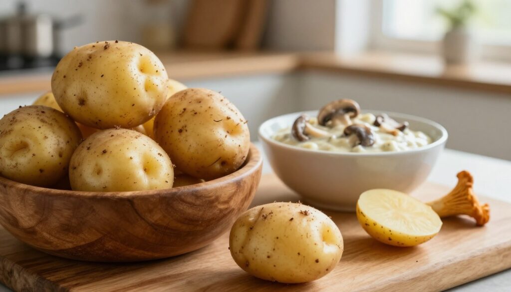 A close-up image focusing on perfect, freshly harvested potatoes suitable for a delicious mushroom sauce. The potatoes should display a rustic, earthy texture with some soil still clinging to their skin, showcasing their natural state. In the foreground, arrange the potatoes in a wooden bowl, with a few scattered on a rustic cutting board, highlighting their organic shape and color. In the middle ground, include a small bowl of creamy mushroom sauce made from freshly picked chanterelles, providing a soft contrast to the earthy tones of the potatoes. The background should feature a blurred kitchen setting, illuminated by warm, natural light coming from a nearby window, creating a cozy and inviting atmosphere. The overall mood should evoke a sense of home-cooked comfort and simplicity.