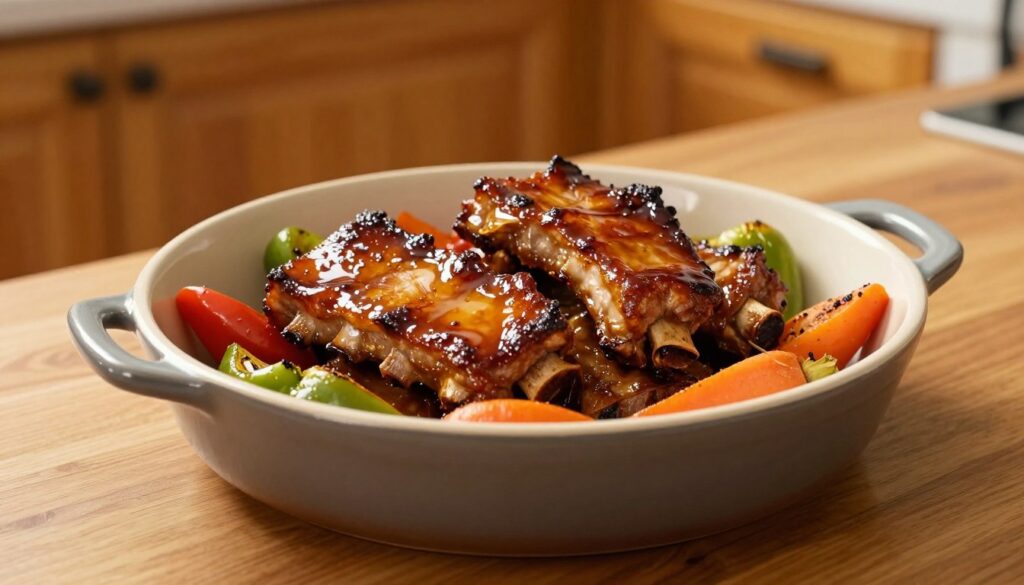 A close-up image of a ceramic casserole dish, also known as a耐火器具 (naczynia żaroodpornego), set on a wooden kitchen counter. The dish is filled with juicy, glazed pork ribs marinated in honey, showcasing a glossy, caramelized surface that reflects warm kitchen lighting. The ribs are surrounded by vibrant, roasted vegetables, such as carrots and bell peppers, adding color contrast. In the background, softly blurred wooden cabinets evoke a cozy kitchen atmosphere. The soft, golden light highlights the textures of the food and dish, creating an inviting and appetizing feel. The angle captures the entire dish from above, emphasizing its round shape and the artful presentation of the meal.