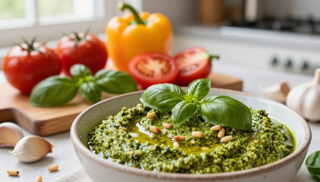 A close-up image of a delicious basil pesto sauce served in a rustic bowl, surrounded by fresh ingredients. In the foreground, a vibrant green pesto, textured with crushed pine nuts, drizzled with olive oil, and topped with a sprig of fresh basil. To the sides, scattered garlic cloves and a few pine nuts add depth. In the middle, a wooden cutting board displays ripe tomatoes, colorful bell peppers, and fresh basil leaves, ready for a Mediterranean dish. The background features a softly blurred kitchen setting with natural light streaming through a window, creating a warm and inviting atmosphere. The angle is slightly overhead to capture the contrast of colors and textures, emphasizing the freshness and simplicity of Mediterranean cooking.