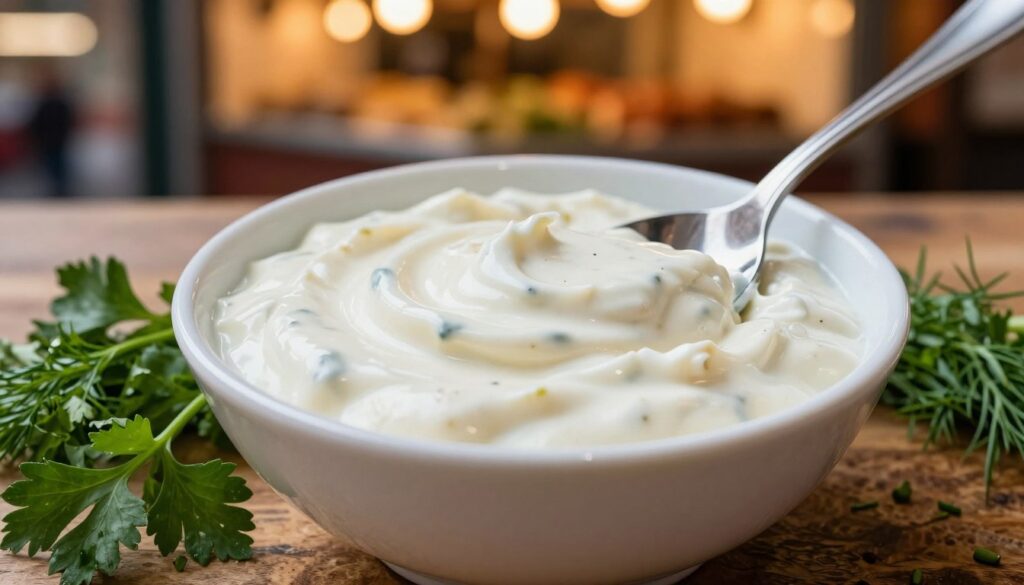 A close-up image of a small, elegant bowl filled with creamy white sos kebaba sauce, its surface smooth and glossy, reflecting ambient light. Surrounding the bowl are freshly chopped herbs like parsley and dill, adding a pop of vibrant green. In the background, blurred, warm-toned lighting creates a cozy, inviting atmosphere reminiscent of a street-side kebab stand. The table surface is rustic wood, subtly textured. A spoon slightly dipped into the sauce draws attention, enhancing the idea of freshness. The scene captures the essence of homemade flavor, vibrant colors, and a sense of culinary delight. The overall mood is warm and appetizing, conveying the richness and homemade quality of the sauce.