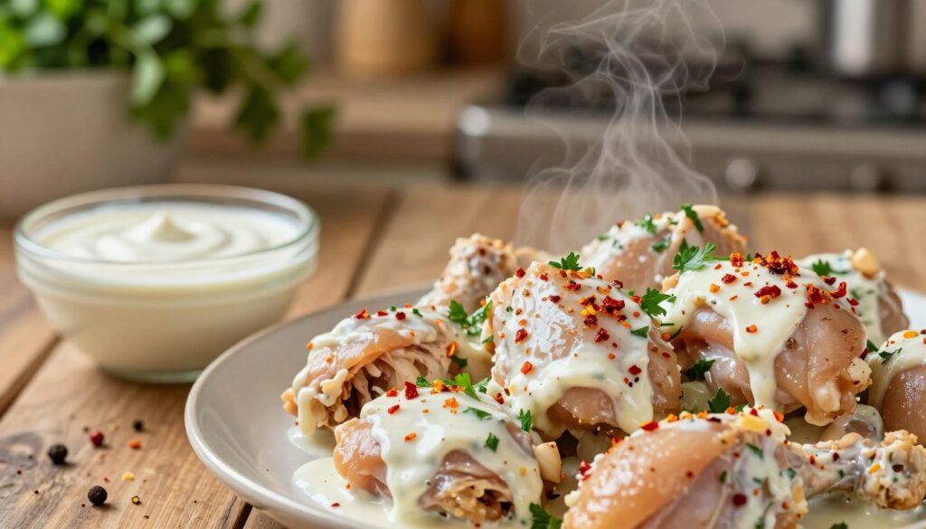 A close-up image of juicy chicken pieces marinated in a creamy yogurt mixture, showcasing vivid spices like paprika, garlic, and herbs. The foreground features a plate with tender chicken, glistening with a rich marinade, garnished with fresh parsley. In the middle ground, a rustic wooden table holds a small bowl of the yogurt marinade and a sprinkle of various spices, emphasizing the preparation process. The background includes soft, blurred kitchen elements, like herbs hanging and a warm, inviting atmosphere enhanced by soft lighting. A hint of steam rises from the chicken, suggesting a freshly cooked dish. The overall mood is warm and inviting, perfect for inviting readers to explore the delicacies of marinating chicken.