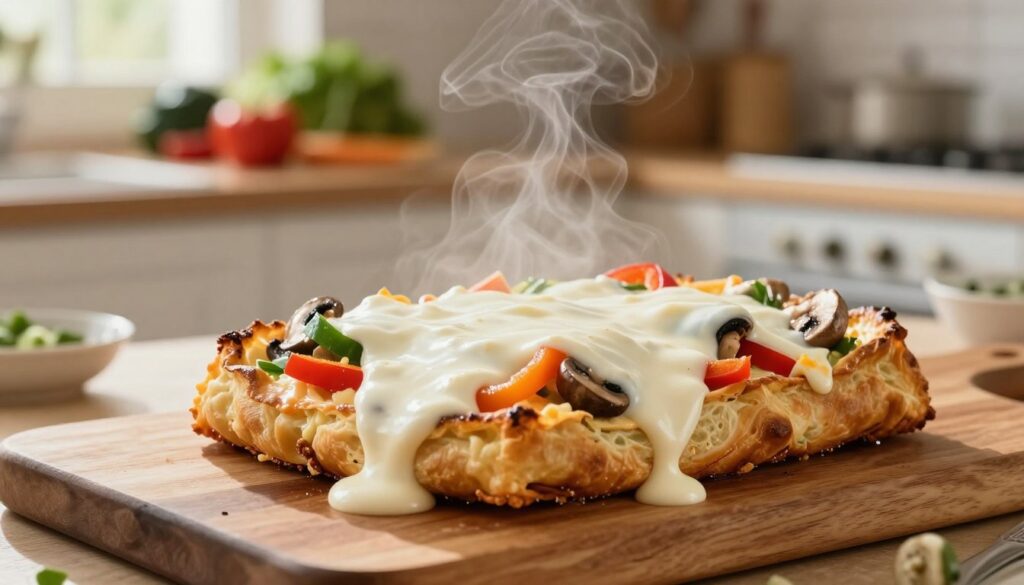 A close-up of a delicious zig-zag zapiekanka, generously topped with a creamy white sauce, melt-in-your-mouth cheese, and vibrant, fresh vegetables like bell peppers and mushrooms. The zapiekanka is displayed on a rustic wooden board, with steam rising gently from the warm dish, adding a cozy ambiance. In the background, a sunlit kitchen scene is visible, with blurred shelves filled with fresh ingredients, evoking a feeling of homeliness and culinary creativity. The lighting is soft and warm, capturing the textures and colors of the ingredients beautifully, highlighting the creamy sauce’s sheen. Use a shallow depth of field to keep the focus on the zapiekanka while softly blurring the background, inviting the viewer into the scene. A close-up of a delicious zig-zag zapiekanka, generously topped with a creamy white sauce, melt-in-your-mouth cheese, and vibrant, fresh vegetables like bell peppers and mushrooms. The zapiekanka is displayed on a rustic wooden board, with steam rising gently from the warm dish, adding a cozy ambiance. In the background, a sunlit kitchen scene is visible, with blurred shelves filled with fresh ingredients, evoking a feeling of homeliness and culinary creativity. The lighting is soft and warm, capturing the textures and colors of the ingredients beautifully, highlighting the creamy sauce’s sheen. Use a shallow depth of field to keep the focus on the zapiekanka while softly blurring the background, inviting the viewer into the scene.
