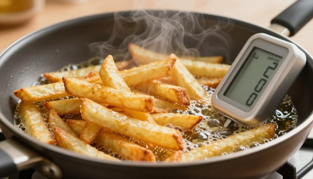 A close-up of a frying pan with golden-brown, perfectly crispy French fries sizzling in hot oil, dynamically capturing the moment. In the foreground, a digital thermometer inserted into the bubbling oil shows the temperature, emphasizing the ideal frying conditions for achieving crunchiness. The middle ground features the beautifully textured fries, glistening from the oil. In the background, a soft-focus kitchen with warm, inviting lighting sets a cozy cooking atmosphere, hinting at the homey vibe of preparing delicious snacks. The angle is slightly overhead, providing a clear view of the frying action, while dispersing steam softly rises, enhancing the sense of heat and freshness in the scene.