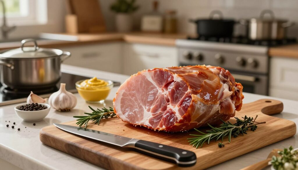 A close-up of a gourmet kitchen countertop showcasing the preparation of a succulent ham. In the foreground, a seasoned, raw ham is placed on a wooden cutting board, garnished with fresh herbs like rosemary and thyme. Beside it, a sharp chef's knife glints under warm, soft lighting. The middle ground features various ingredients such as garlic, black pepper, and mustard, arranged artfully. In the background, a well-organized kitchen setup with pots and pans, and an oven preheating can be seen. The atmosphere is warm and inviting, hinting at a cozy cooking experience. The angle is slightly elevated, capturing both the details of the ham and the environment, creating an appealing culinary scene ideal for readers interested in cooking techniques.