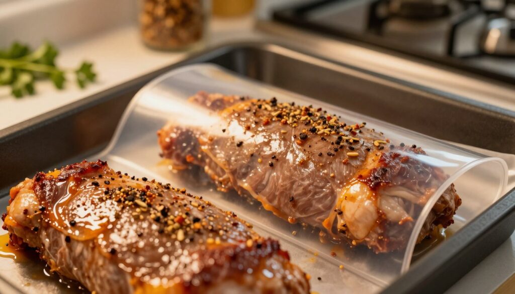 A close-up of a tender piece of meat, seasoned and marinated, being placed inside a transparent oven-safe cooking sleeve before baking. The foreground features the glossy marinated meat, glistening under warm kitchen lighting, showcasing spices and herbs clinging to its surface. In the middle, the cooking sleeve is partially unrolled, with the meat nestled inside, emphasizing the technique of cooking in the sleeve to retain juiciness. In the background, a well-equipped kitchen with subtle hints of baking tools, herbs, and spices creates a warm, inviting atmosphere. The lighting is soft and golden, enhancing the rich colors of the meat and spices. The image conveys a sense of anticipation for a delicious meal.