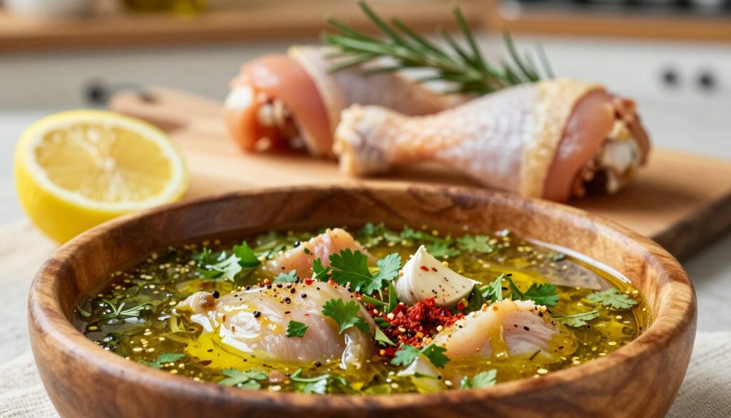 A close-up of a vibrant, aromatic chicken marinade in a rustic wooden bowl, showcasing a blend of herbs and spices such as garlic, paprika, and fresh rosemary. In the foreground, the marinade is glistening with olive oil, with visible flecks of black pepper and bright green parsley. A freshly squeezed lemon half sits nearby, adding a touch of brightness. In the middle ground, a wooden cutting board holds tender chicken drumsticks, marinating in the mixture. The background features a softly blurred kitchen setting, with warm, natural lighting illuminating the scene, creating a welcoming atmosphere. Capture this from a slightly elevated angle to emphasize the rich textures and colors of the marinade, invoking a sense of culinary warmth and enthusiasm for home cooking.