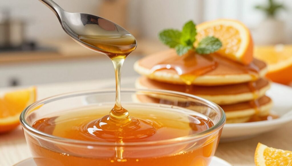 A close-up of a vibrant bowl of orange syrup, glistening and thick, emphasizing its rich amber hue. In the foreground, a drizzle of syrup is artfully cascading from a spoon, capturing the light with a reflective shine. The middle ground features a fluffy stack of pancakes generously topped with the syrup, garnished with fresh mint leaves and slices of bright orange, creating a fresh and inviting look. The background softly blurs into a warm, cozy kitchen setting, with hints of natural light filtering in through a window, casting a golden glow. The mood is cheerful and inviting, perfect for a delightful breakfast or dessert experience. The composition is shot at a slightly angled overhead perspective, enhancing the textures and colors of the dish.