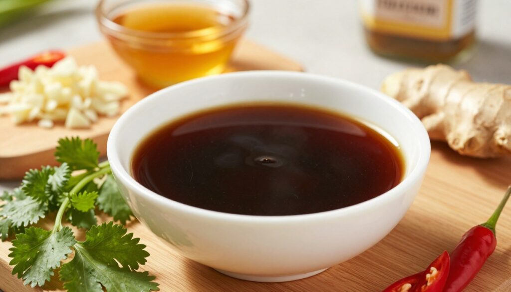 A close-up of a vibrant bowl of soy sauce, showcasing its rich dark brown color with glossy reflections, surrounded by fresh ingredients for a chicken marinade. In the foreground, sprigs of green herbs like cilantro and sliced red chili peppers add a pop of color. The middle ground features a wooden cutting board with minced garlic, ginger, and a small bowl of honey, emphasizing the Asian culinary theme. The background displays a blurred kitchen setting, softly illuminated by warm, natural light, creating a cozy atmosphere. The image composition emphasizes the delicious allure of the marinade, inviting viewers to explore its bold flavors in their cooking.