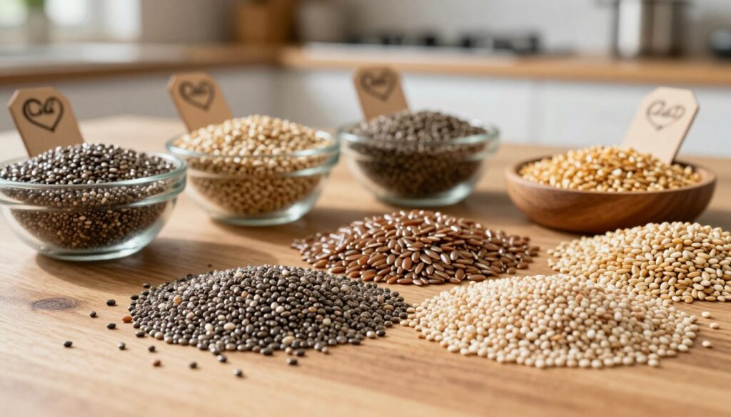 A close-up of assorted natural seeds and grains spread out on a wooden table, showcasing their diverse textures and shapes. In the foreground, highlight chia seeds, flaxseeds, and quinoa, glistening subtly with a natural sheen. The middle ground features bowls filled with these seeds, each labeled with decorative wooden tags. In the background, a softly blurred kitchen scene with natural light streaming in, casting gentle shadows and creating a warm, inviting atmosphere. The angle should emphasize the depth and variety of the seeds, inviting the viewer to appreciate their role in thickening sauces. Aim for a vibrant, earthy palette that evokes a sense of freshness and nourishment, with a focus on natural beauty and culinary inspiration.