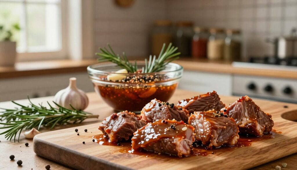 A close-up of marinating meat in a rustic kitchen setting, with vibrant herbs and spices scattered around. The foreground features a wooden cutting board holding chunks of juicy meat being coated in a rich, dark BBQ marinade, glistening under soft, warm lighting. In the middle, a glass bowl filled with the marinade showcases fresh ingredients like garlic, rosemary, and crushed pepper. The background reveals shelves lined with jars of spices and a window letting in beams of natural light, adding to the homey atmosphere. The mood is inviting and warm, hinting at a cozy cooking experience, while focusing on the art of marinating meat for the best flavor.