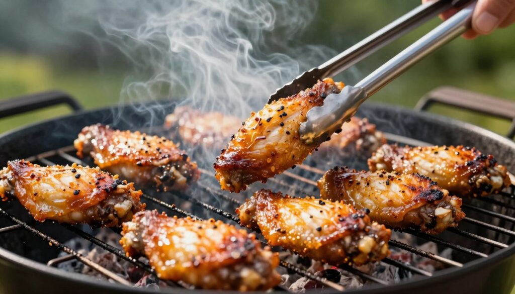 A close-up of perfectly grilled chicken wings on a charcoal grill, showcasing a crispy, caramelized exterior with visible spices and herbs glistening in the light. In the foreground, place a pair of tongs poised above the wings, enhancing the action of grilling. In the middle ground, capture the smoke rising gently, creating a sense of warmth and a rustic BBQ atmosphere. The background features a blurred outdoor setting with lush greenery, hinting at a summer day. Use natural, warm lighting to accentuate the golden tones of the wings and the grill smoke, giving the image a cozy and inviting feel. The overall mood should evoke a sense of culinary delight and the art of grilling for juicy perfection.