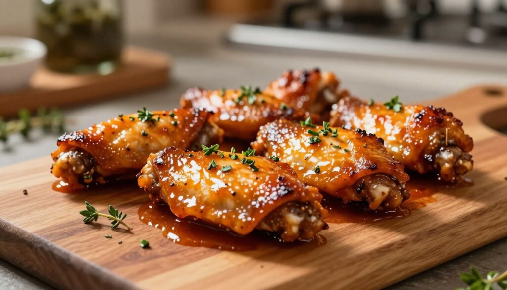 A close-up of succulent chicken wings marinated in a rich, homemade sauce, showcasing a glossy, caramelized finish. The wings are arranged attractively on a wooden cutting board, sprinkled with fresh herbs like parsley and thyme for contrast. In the background, a subtle blur of an inviting kitchen setting with warm, ambient lighting enhances the cozy atmosphere. Soft shadows are cast on the board, adding depth and a hint of texture. The lens captures the scene in vibrant colors, highlighting the appetizing sauce with a slight reflective sheen. The image evokes a feeling of homely comfort and anticipation, illustrating the enticing flavor profile of oven-baked chicken wings.