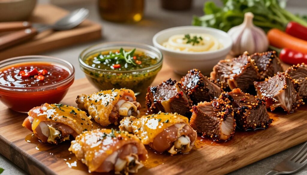 A close-up of various marinated meats arranged artistically on a rustic wooden cutting board, showcasing vibrant colors and textures. In the foreground, there are glistening chicken thighs bathed in a rich, golden marinade with herbs, alongside beef cuts coated in a dark, flavorful mixture of soy sauce and spices. The middle layer features bowls of colorful marinades made from fresh herbs, garlic, and chili peppers, creating an inviting culinary atmosphere. In the background, softly blurred, there are kitchen utensils and fresh vegetables, enhancing the scene. The lighting is warm and inviting, creating a cozy kitchen ambiance, with a focus on the rich colors of the meats and marinades. Shot from a slightly elevated angle, the image evokes a sense of warmth and appetite, perfect for highlighting the importance of marinating in cooking.