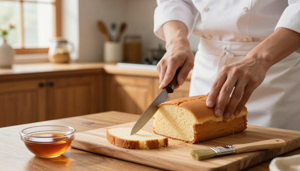 A close-up scene depicting the professional method of slicing a light, fluffy sponge cake (biszkopt) on a wooden cutting board. In the foreground, a chef in a white apron skillfully uses a serrated knife to cut through the delicate cake, with a few layers visible, showcasing its texture. Beside the cake, a small bowl of syrup for soaking, and a pastry brush lay ready for use. The middle ground features a well-lit kitchen environment with soft natural light filtering through a window, illuminating the warm wooden cabinets and emphasizing the inviting atmosphere. In the background, shelves hold various baking tools and ingredients. The mood is warm and inviting, with a sense of professionalism and culinary expertise. A close-up scene depicting the professional method of slicing a light, fluffy sponge cake (biszkopt) on a wooden cutting board. In the foreground, a chef in a white apron skillfully uses a serrated knife to cut through the delicate cake, with a few layers visible, showcasing its texture. Beside the cake, a small bowl of syrup for soaking, and a pastry brush lay ready for use. The middle ground features a well-lit kitchen environment with soft natural light filtering through a window, illuminating the warm wooden cabinets and emphasizing the inviting atmosphere. In the background, shelves hold various baking tools and ingredients. The mood is warm and inviting, with a sense of professionalism and culinary expertise.