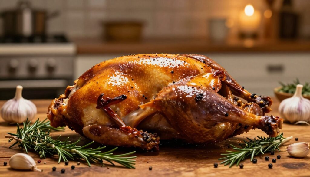 A close-up scene of a beautifully arranged marinated goose, showcasing its golden-brown, glistening skin, sitting elegantly on a rustic wooden table. Surrounding the goose are vibrant herbs and spices—rosemary, thyme, garlic, and peppercorns—adding a rich color palette. In the background, a softly blurred kitchen environment with warm ambient lighting creates a cozy atmosphere, hinting at a home-cooked meal. The scene is captured with a shallow depth of field to highlight texture and detail, giving it an intimate feel. The overall mood is warm and inviting, celebrating the art of marinating and preparing succulent poultry, emphasizing the importance and rich flavor enhanced by the marinade.