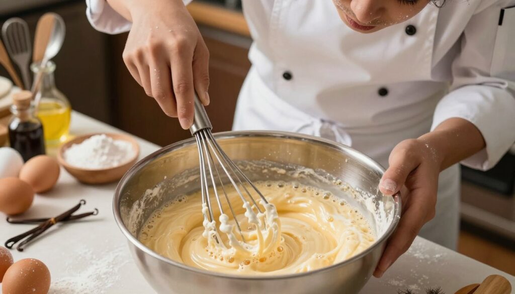 A close-up scene of a chef skillfully aerating cake batter in a large mixing bowl, using a whisk, with flour and sugar scattered on the counter. The foreground showcases the shiny, smooth batter, with bubbles indicating incorporation of air. The middle ground features the chef, wearing a pristine white apron and professional attire, focused and determined, with beads of flour dusting their face. In the background, a warm, inviting kitchen is softly lit, highlighting utensils and ingredients like eggs and vanilla extract. The atmosphere is lively and creative, capturing a sense of culinary artistry and precision. The angle is slightly overhead, allowing the viewer to appreciate the textures and colors of the batter and kitchen details.