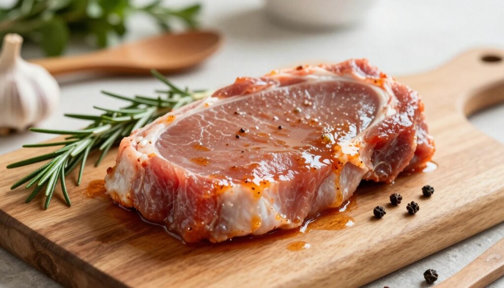 A close-up scene of a marinated pork cutlet on a wooden cutting board, surrounded by a selection of fresh herbs and spices like rosemary, garlic, and peppercorns, emphasizing the vibrant colors and textures of the marinade. The pork cutlet should be glistening with the marinade, showcasing its tender, juicy quality. Soft, natural lighting creates a warm and inviting atmosphere, with a shallow depth of field that softly blurs the background, highlighting the cutlet in the foreground. A rustic kitchen ambiance, featuring wooden utensils and a hint of greenery in the background, enhances the culinary theme, evoking feelings of homeliness and delicious anticipation.